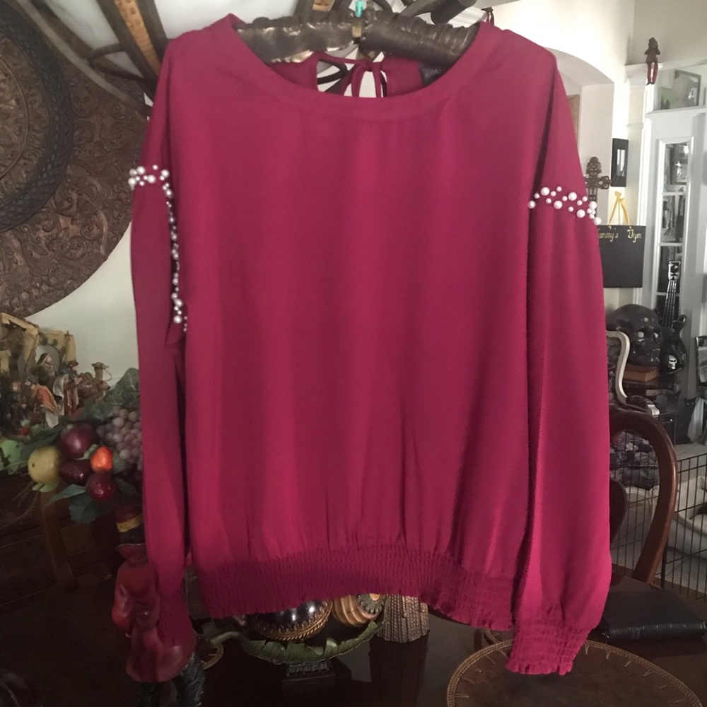 COLLEEN Burgundy Longed Sleeve Beaded Top